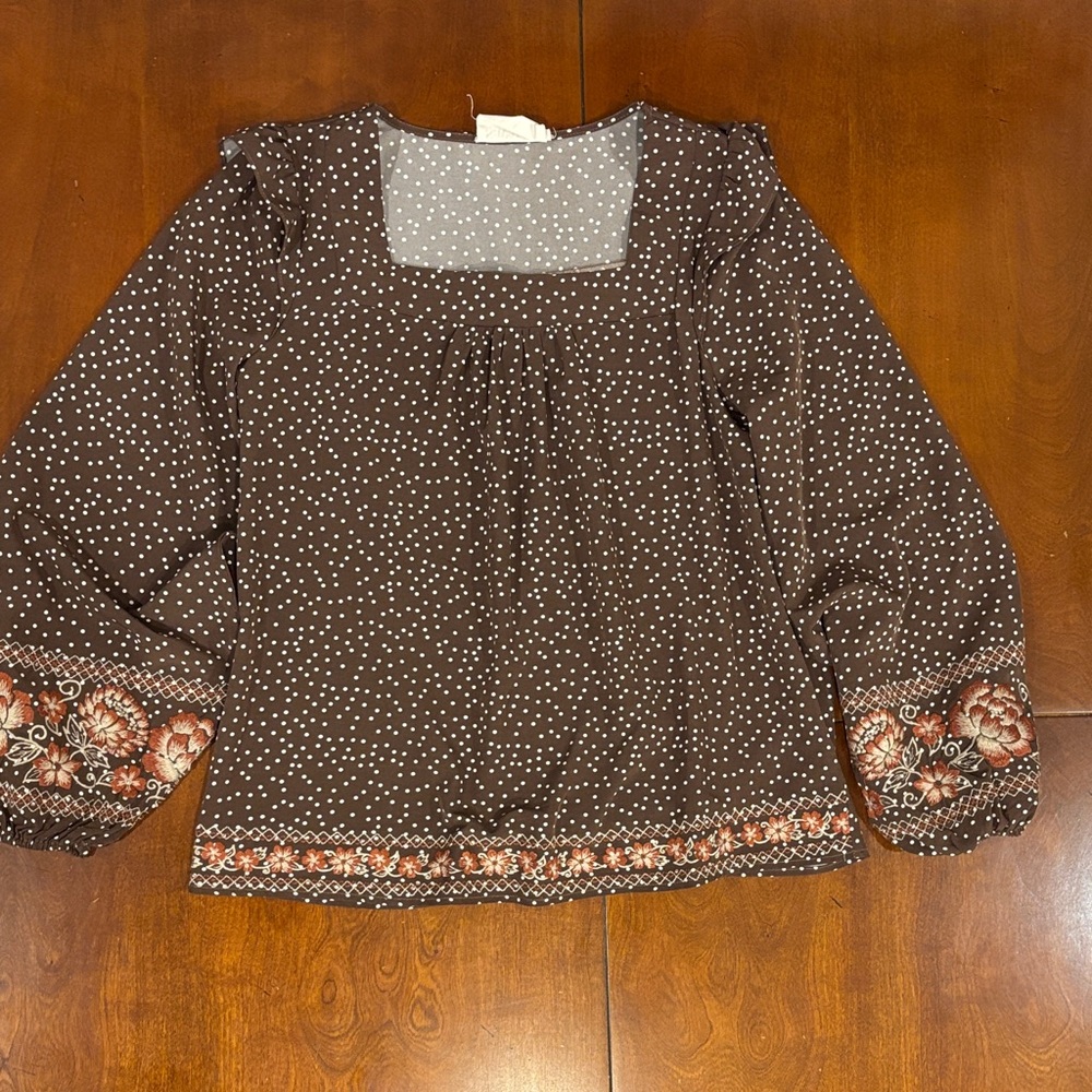 Savanna Jane Brown Polka Dot Blouse with‎ Floral Embroidered Accents